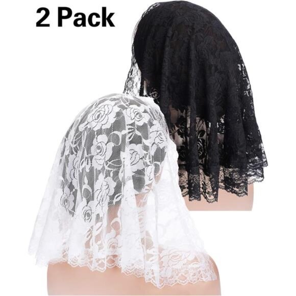 Boao 2 Pieces Floral Lace Veils for Women Head Covering Latin Mass Mantilla - Picture 4 of 8